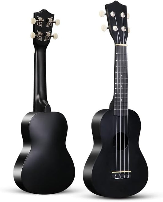 Black soprano ukulele shown from front and back