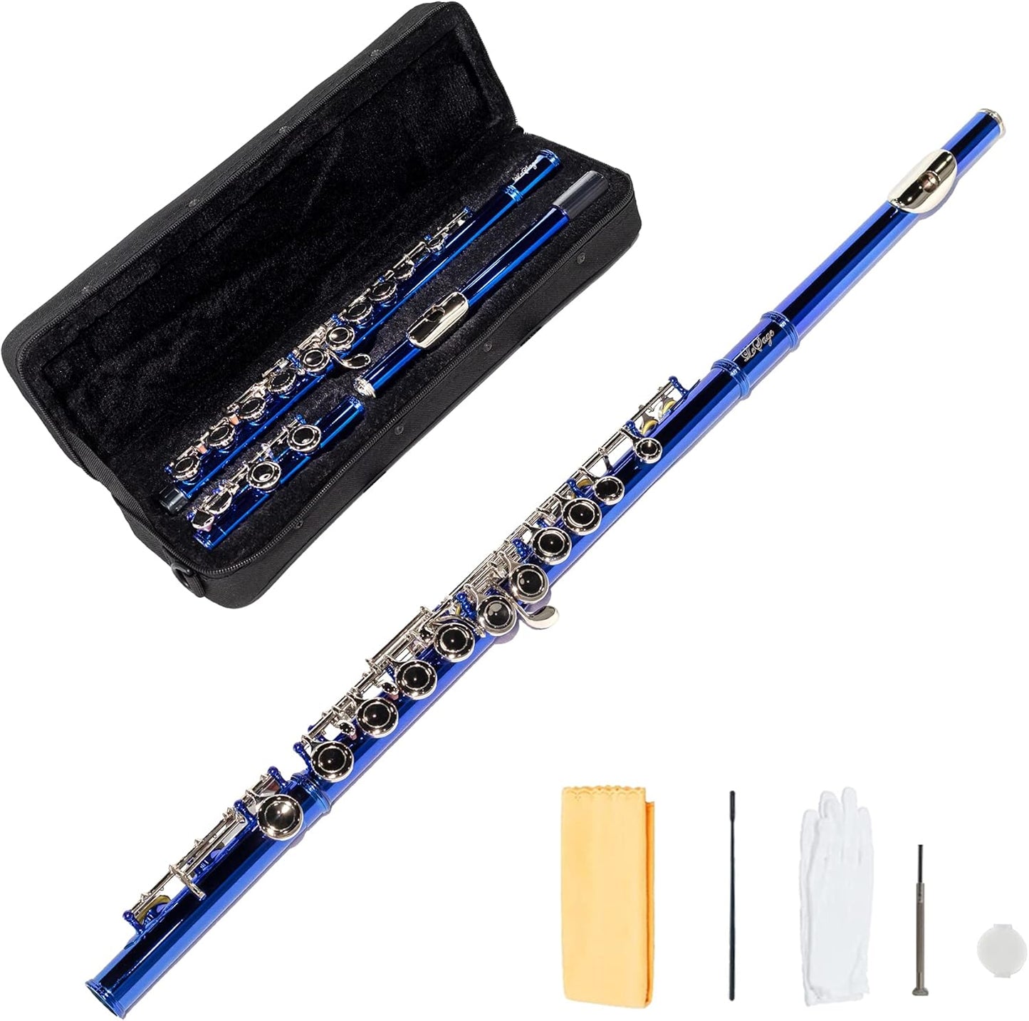 LeSage Closed Hole C Flute 16 Key Student Flute Beginner Starter with Case, Maintenance Kit, Cleaning Cloth, C Foot, Offset G, Y-arm