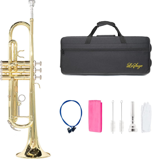 Gold-colored trumpet with carrying case and cleaning accessories