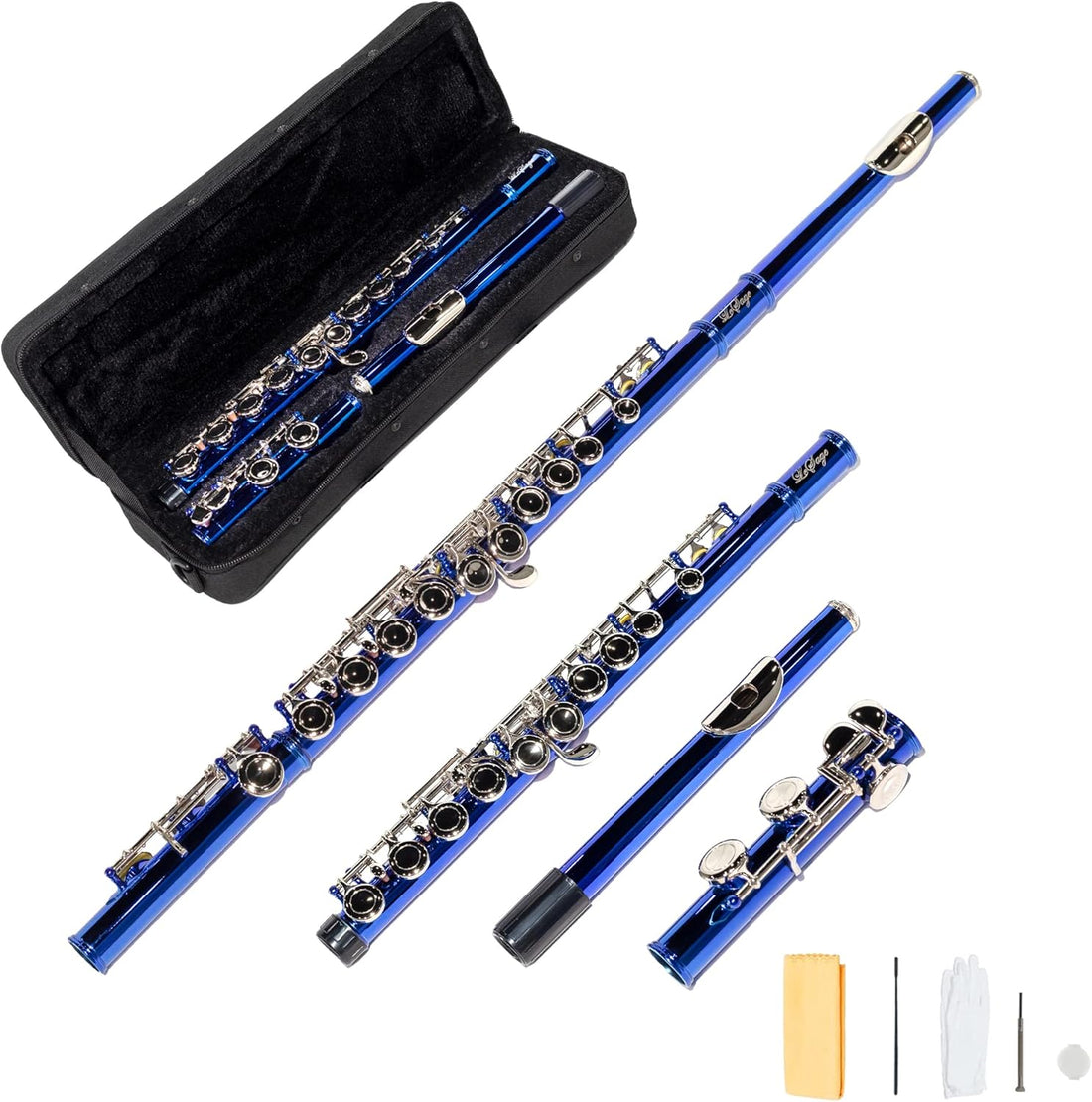 Blue closed-hole flute pieces with case and cleaning accessories