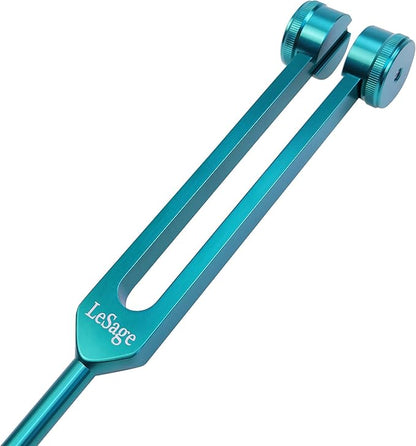 Blue metal tuning fork with two adjustable weights