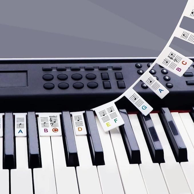 Piano keyboard with removable note stickers on white keys