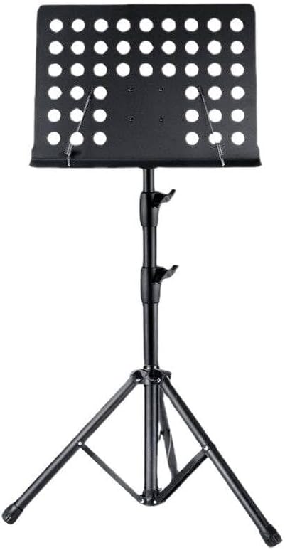 Black folding music stand with perforated desk and tripod base